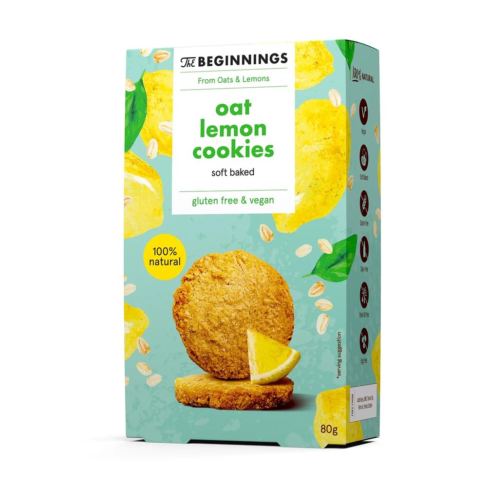 The Beginnings Lemon Oat Cookies 80g Gluten Free Oat Biscuits, Vegan & Dairy Free, Palm Oil Free, Real Lemon & Passion Fruit, Free From Biscuits