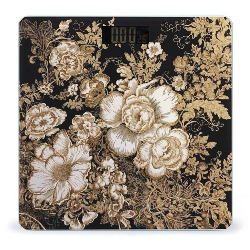 Gold Leaf Flowers Scale for Body Weight Highly Accurate Digital Bathroom Body Scale Digital Body Weight Scale Tempered Glass LCD Display Batteries and Tape Measure