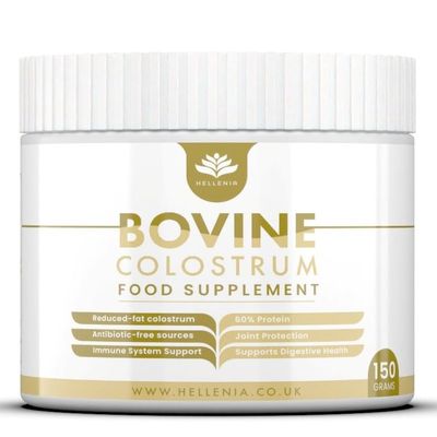 Pure Colostrum Powder - 150 Grams | 20% Immunoglobulins G | Freeze Dried, Reduced-Fat Colostrum | from Grass-fed Cows - Bovine Source | Made in The UK by Hellenia