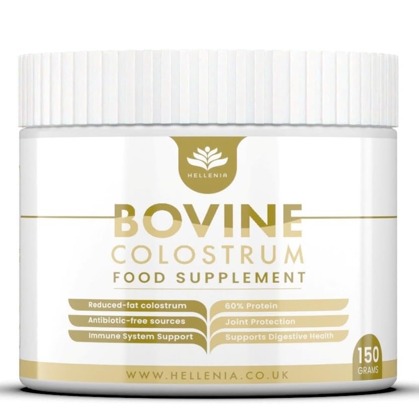 Pure Colostrum Powder - 150 Grams | 20% Immunoglobulins G | Freeze Dried, Reduced-Fat Colostrum | from Grass-fed Cows - Bovine Source | Made in The UK by Hellenia