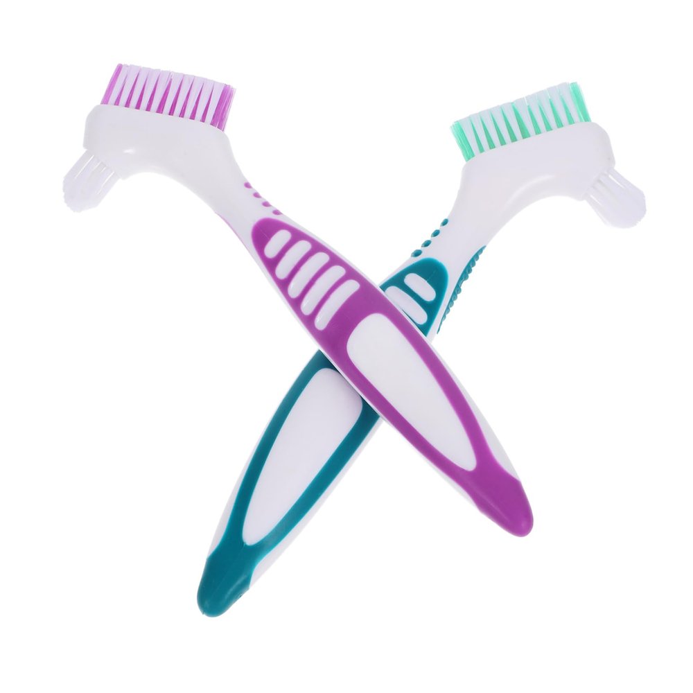 BESTYASH 2Pcs Portable Denture Brushes Double Sided Toothbrush with Easy Cleaning Nylon Bristles and PP Handle for Effective False Teeth Cleaning