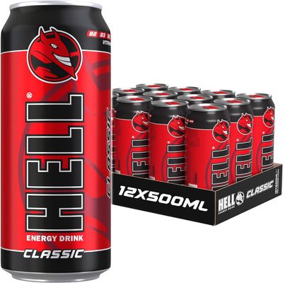 HELL CLASSIC Energy Drink | +20% More Caffeine | Vitamins B2, B3, B6, B12, C & D | No Preservatives | Environmentally Friendly Packaging | 12 x 500 ml | Compatible with HELL Energy