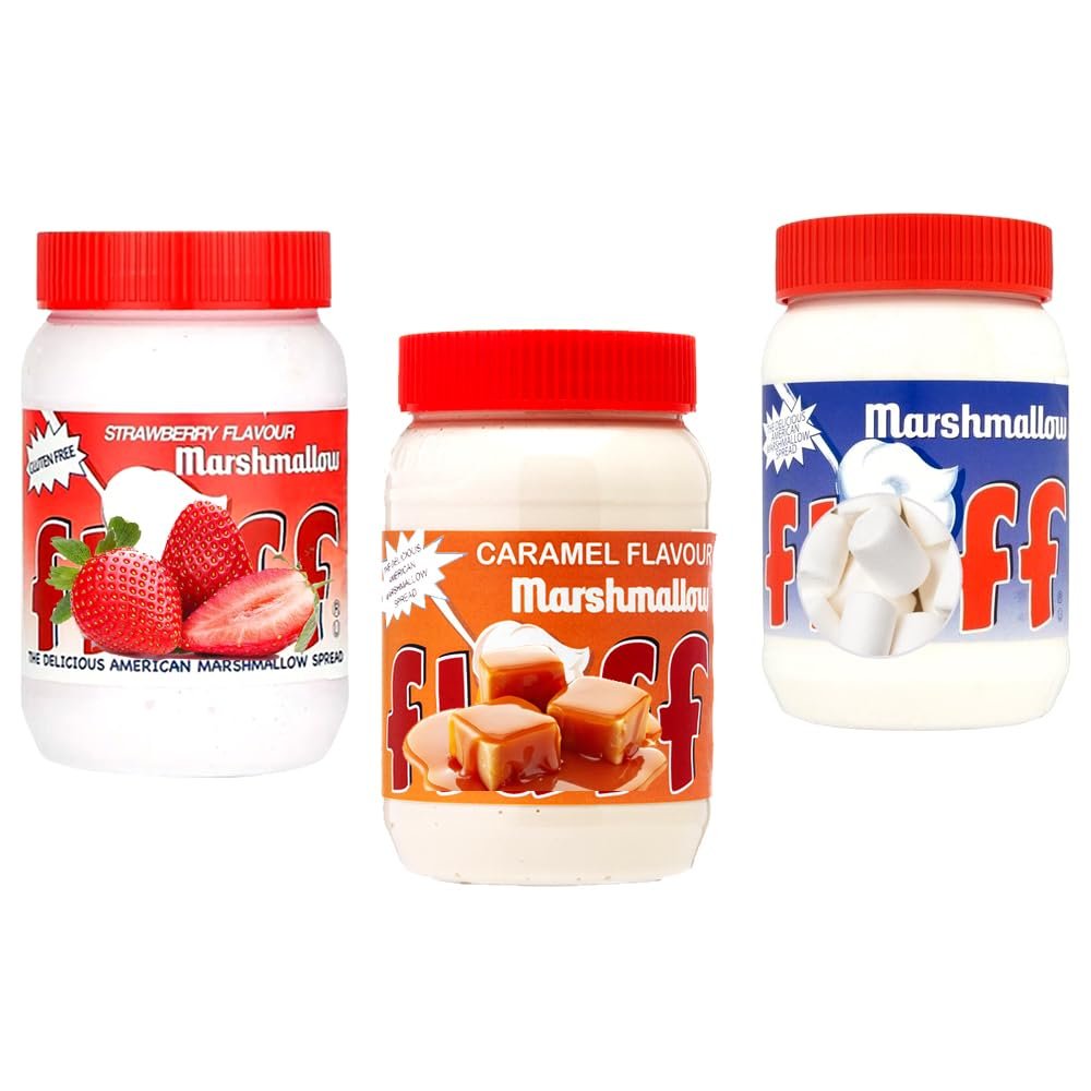 Marshmallow Fluf Caramel,Strawberry,Original Flavoured Spread 213g - 3 x Mixed Flavours of Marshammlow Spread