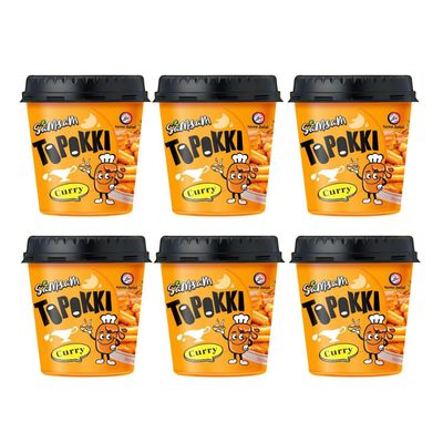 SamSam Instant Tteokbokki Topokki Korean Rice Cakes Chewy Street Snack, Multi Flavours, Carbonara, Cheese, Curry, Garlic Teriyaki, Jjajang, Rose, Original Sweet & Spicy (Pack of 6, Curry)