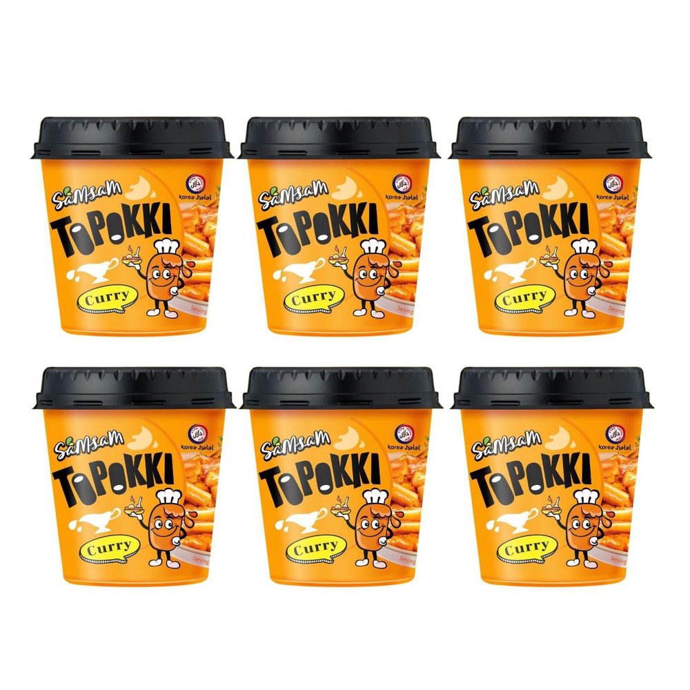 SamSam Instant Tteokbokki Topokki Korean Rice Cakes Chewy Street Snack, Multi Flavours, Carbonara, Cheese, Curry, Garlic Teriyaki, Jjajang, Rose, Original Sweet & Spicy (Pack of 6, Curry)