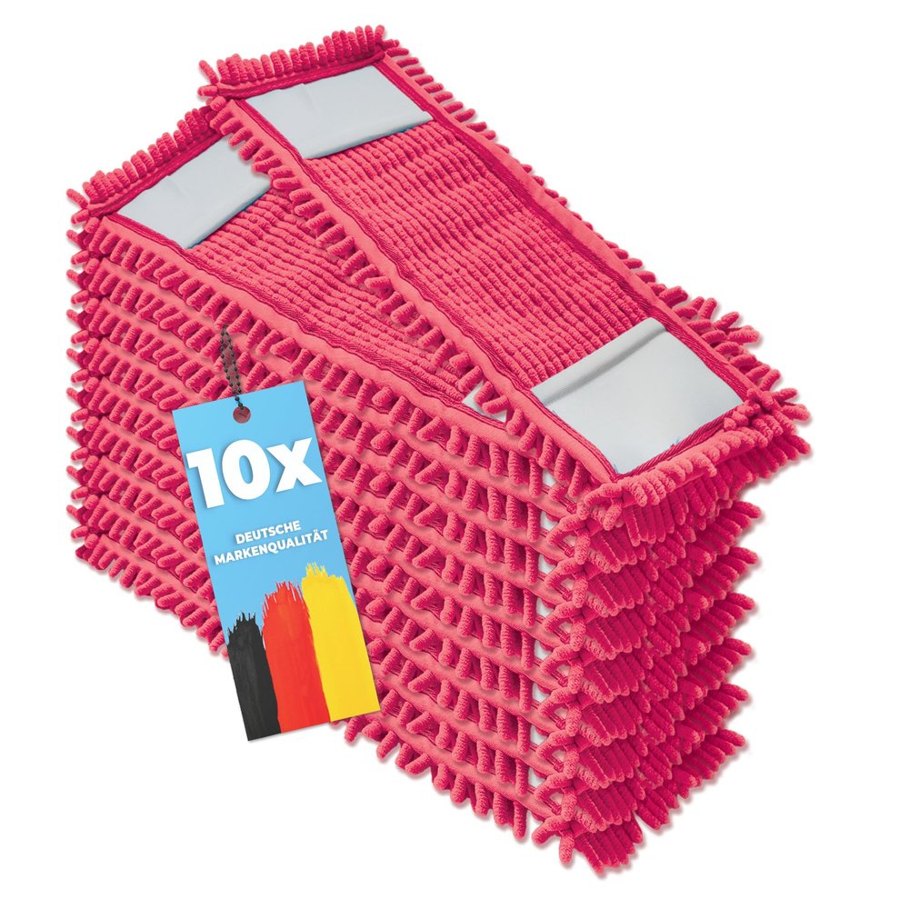 10 x Floor Mop Replacement Covers - Chenille Mop Cover Red - Microfibre Mop for Sensitive Floors - Microfibre Mop for Floor Care for All Mop Folding Holders 50 cm - Mop Cover