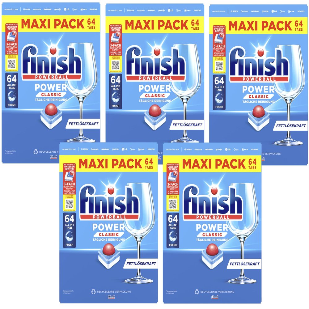 Finish Power Classic Dishwasher Tablets, Maxi Pack, 320 Finish Tabs (5 x 64 Tabs)