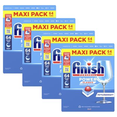 Finish Power Classic Dishwasher Tablets, Maxi Pack, 256 Finish Tabs (4 x 64 Tabs)
