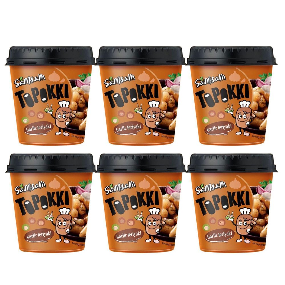 SamSam Instant Tteokbokki Topokki Korean Rice Cakes Chewy Street Snack, Multi Flavours, Carbonara, Cheese, Curry, Garlic Teriyaki, Jjajang, Rose, Original Sweet & Spicy (Pack of 6, Garlic Teriaki)