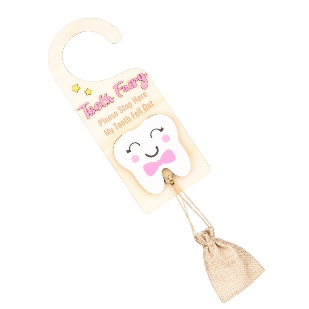 Wooden Tooth Fairy Hanger - Lost Tooth Holder with Money Bag | Door Handle Tooth Organizer, Fairy Keepsake Traditions for Kids, Encouragement Gifts for Girls Boys, Tooth Replacement Slot Box