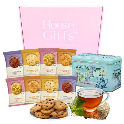 Tea and Biscuits Gift Set Hamper With Traditional British Border Biscuits Including 8 Packs & Tea Caddy In a Luxury Pink Hamper Box | Great for Women, Mum and Grandmas