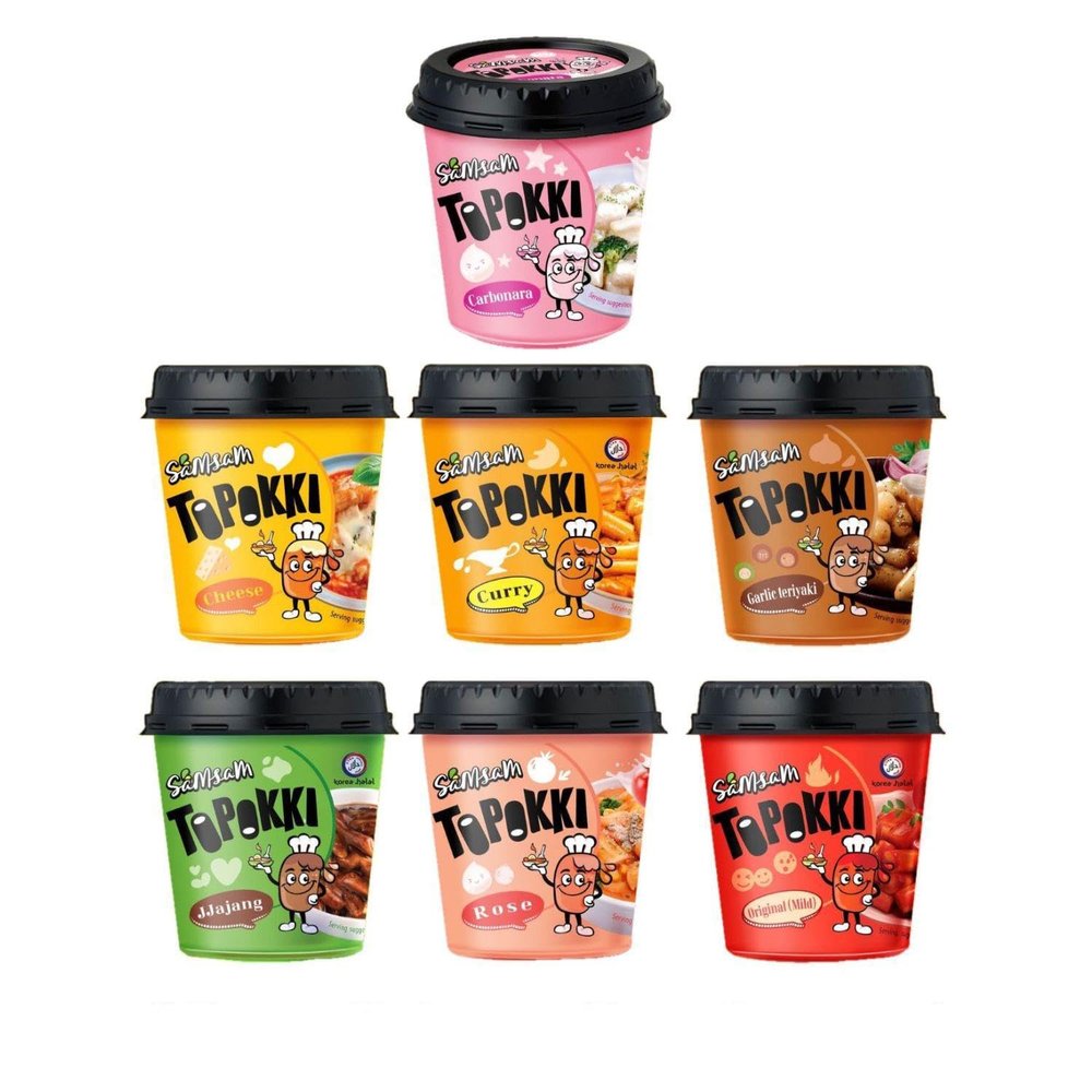 SamSam Instant Tteokbokki Topokki Korean Rice Cakes Chewy Street Snack, Multi Flavours, Carbonara, Cheese, Curry, Garlic Teriyaki, Jjajang, Rose, Original Sweet & Spicy (Pack of 6, 6 Random Flavour)