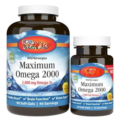 Wild Norwegian 2,000 mg Omega 3, Non-GMO, Natural Lemon Flavor, Gluten-Free, No Artificial Preservatives, 120 Soft Gels, MaximumOmega2000