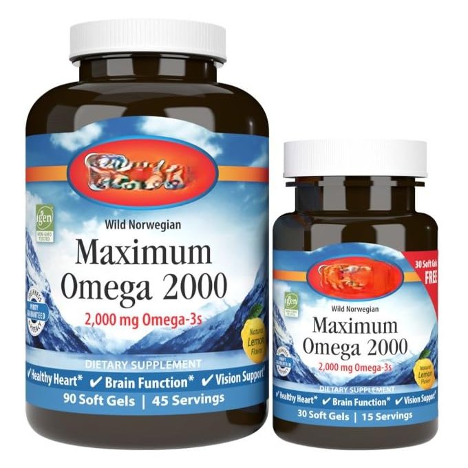 Wild Norwegian 2,000 mg Omega 3, Non-GMO, Natural Lemon Flavor, Gluten-Free, No Artificial Preservatives, 120 Soft Gels, MaximumOmega2000