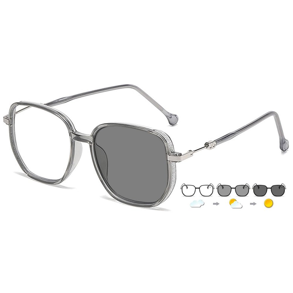 ABETOS Fashion Photochromic Reading Glasses UV400 Protection Blue Light Blocking Sun Readers Men Women Metal Reading Sunglasses Go Dark in the Sun, Transparent Grey+3.0