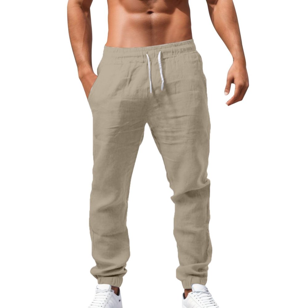 BmDSGC Mens Cotton Pants Casual Elastic Waist Drawstring Lightweight Summer Beach Trousers with Pockets Beach Themed Slacks Trousers Casual Slim Fit Lounge Wear Sweatpants (Khaki,L)