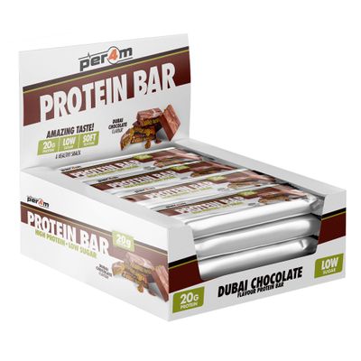 Per4m On-the-Go Protein Bar | High Protein, Low Sugar Bar with 20g Protein | Nutritional & Healthy Gym Snack Bar | Box of 12 x 62g (Box, Dubai Chocolate)