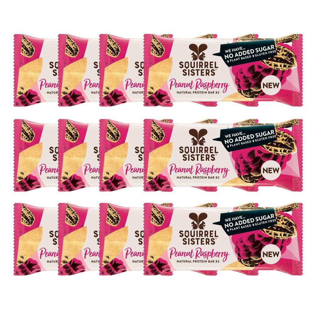 Squirrel Sisters Peanut Raspberry Snack Bars 12 x 40 Gm- No Added Sugar, Vegan, Gluten-Free Nutrition Bars, Plant-based Healthy Snacks for Adults and Kids