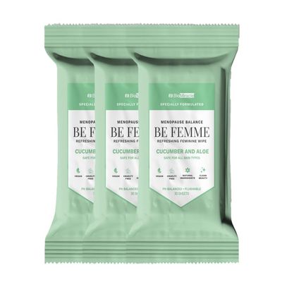 BioMiracle Be Femme Refreshing Feminine Wipe Cucumber and Aloe, Menopause Balance, Specially Formulated, Safe for All Skin Types, pH Balanced, Flushable, 90 Wipes, Pack of 3