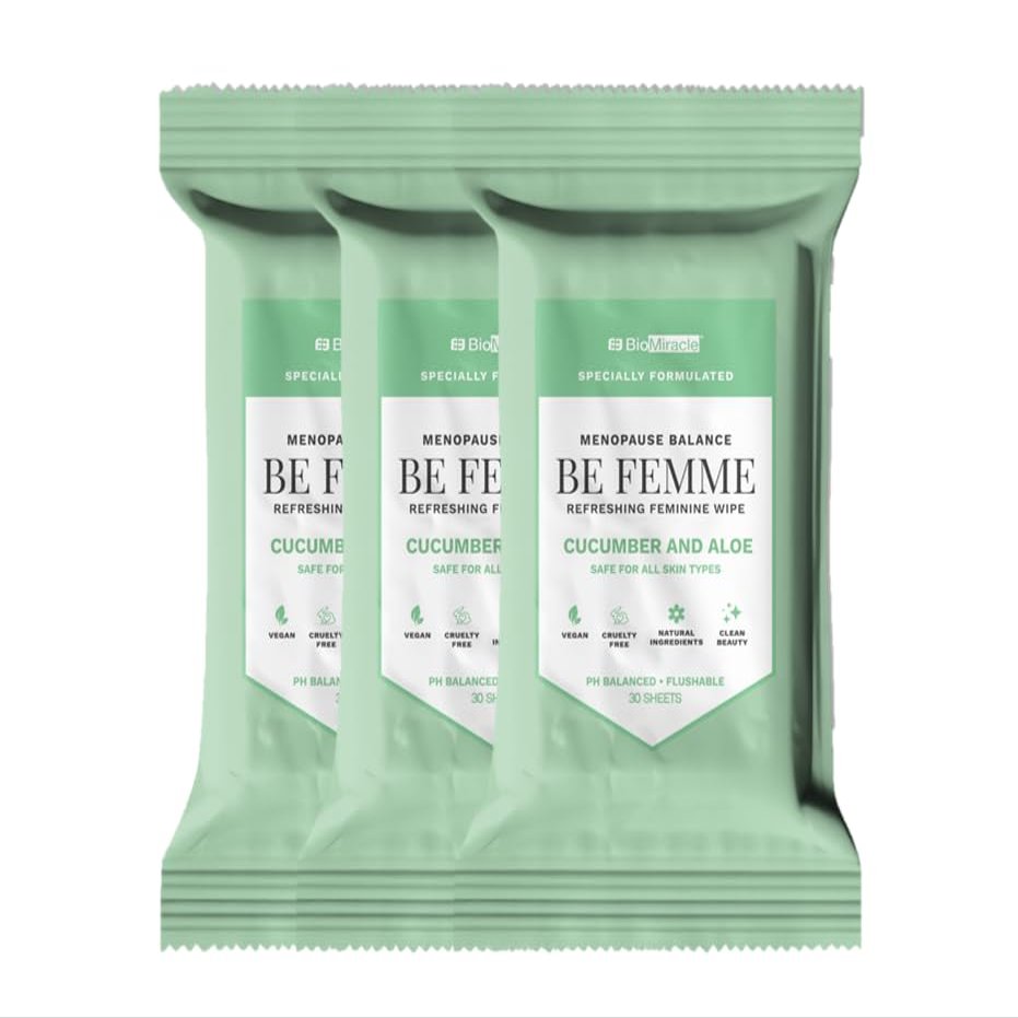 BioMiracle Be Femme Refreshing Feminine Wipe Cucumber and Aloe, Menopause Balance, Specially Formulated, Safe for All Skin Types, pH Balanced, Flushable, 90 Wipes, Pack of 3