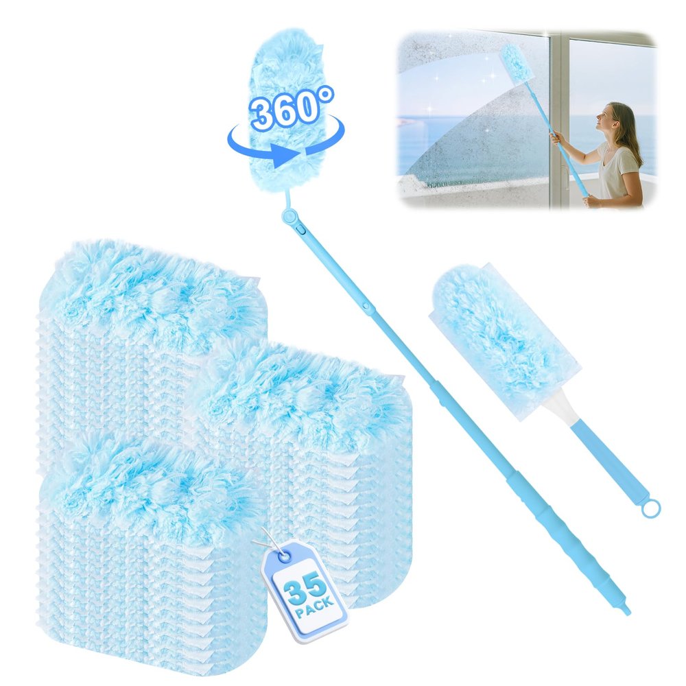 Nicemiya Pack of 37 Duster Compatible with Dust Magnet Refill Pack 360 Duster, for Cleaning Pet Hair, Dust Dirt (35 Cloths + 2 Handles, Blue)