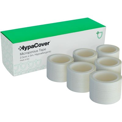 Safety First Aid Group HypaCover 2.5cm x 5m Microporous Medical Tape,Hypoallergenic,Pack of 6 - Surgical Tape Suitable for Securing Dressings and Bandages,Sports Taping,Covering Earrings and Labelling