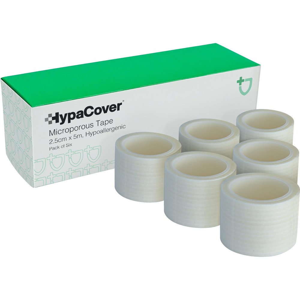 Safety First Aid Group HypaCover 2.5cm x 5m Microporous Medical Tape,Hypoallergenic,Pack of 6 - Surgical Tape Suitable for Securing Dressings and Bandages,Sports Taping,Covering Earrings and Labelling