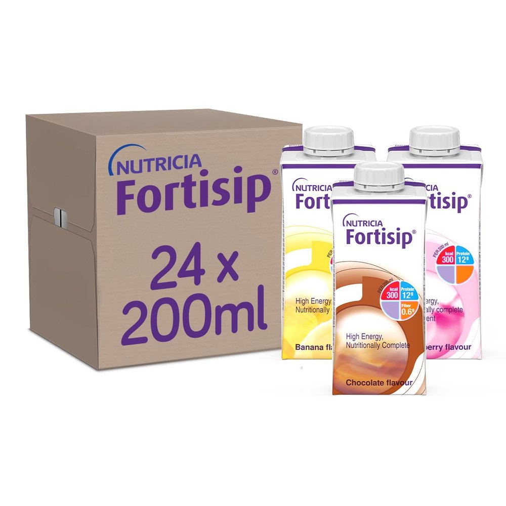 Fortisip Bottle Mixed Flavour Case 200ml, Pack of 24 (Strawberry, Vanilla, Chocolate, Banana and Unflavored)