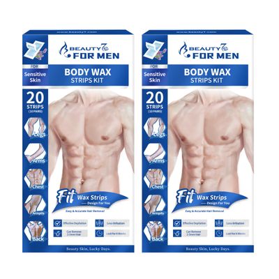 2 Sets of Men's Body Wax Strips Mens Hair Removal, Includes 20 Waxing Strips & 4 Post Wax Calming Oil Wipes, Cold Wax Strips Gentle Hair Removal for Body Legs Underarm Sensitive Skin
