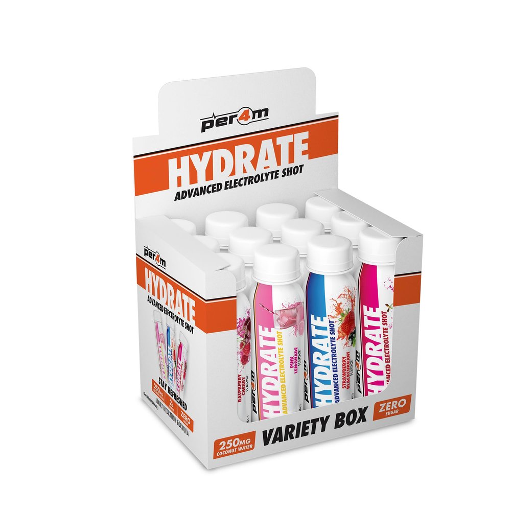 Per4m Hydrate Advanced Electrolyte RTD Shots | 2g Taurine & Coconut Water | Potassium & Magnesium | Hydration for Performance & Recovery | Box of 12 x 100ml (Box, Mixed Flavours)