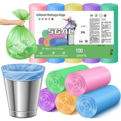 20L Bin Bags Small Colorful Food Waste Bags, Strong & Leakproof 5 Gallon Bin Liners for Kitchen, Bathroom & Office(Size 20-25 Litre, 100 Counts)