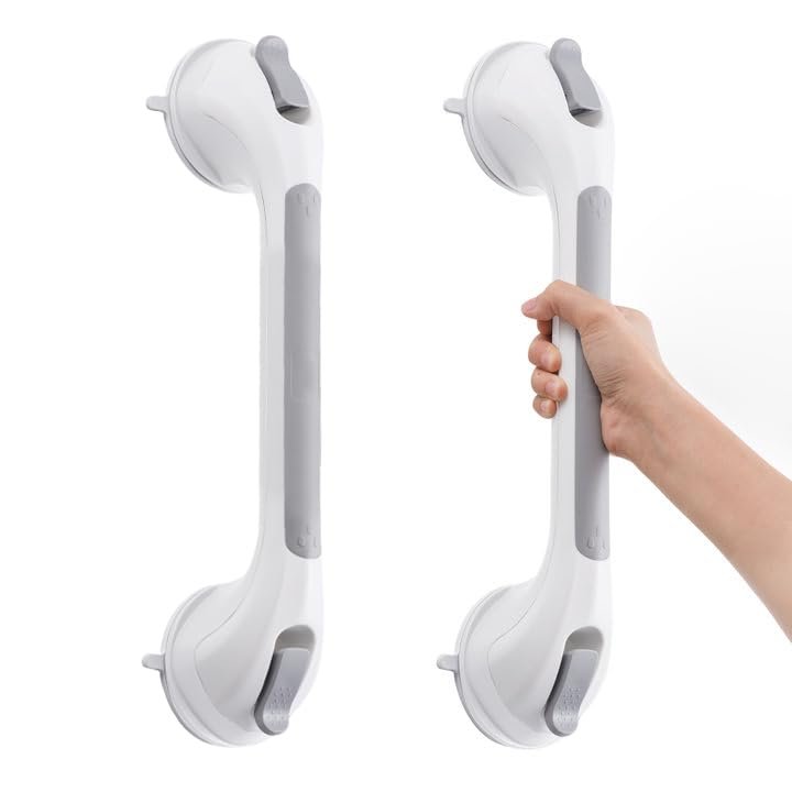 DUORAN Shower Handle 2 Pack, 17 Inch Grab Bars for Bathtubs and Showers, Strong Suction Cup Safety Handrails for Seniors, Elderly, Injury Recovery, No Drilling Waterproof Bathroom Grip, Grey