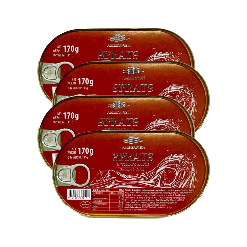 Amberfish Canned Easy Open Sprats in Tomato Sauce 170G Smoked Sprats in Tomato Sauce Sterilized Canned Fish Product of Latvia Pack of 4
