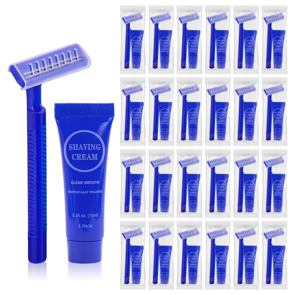 30Pack Travel Razor with Shaving Cream, 0.34oz Smooth Shaving Cream for Men, Disposable Double Blade Razor Suitable for Travel, Business, Guests, Hotels, Charity (Blue)