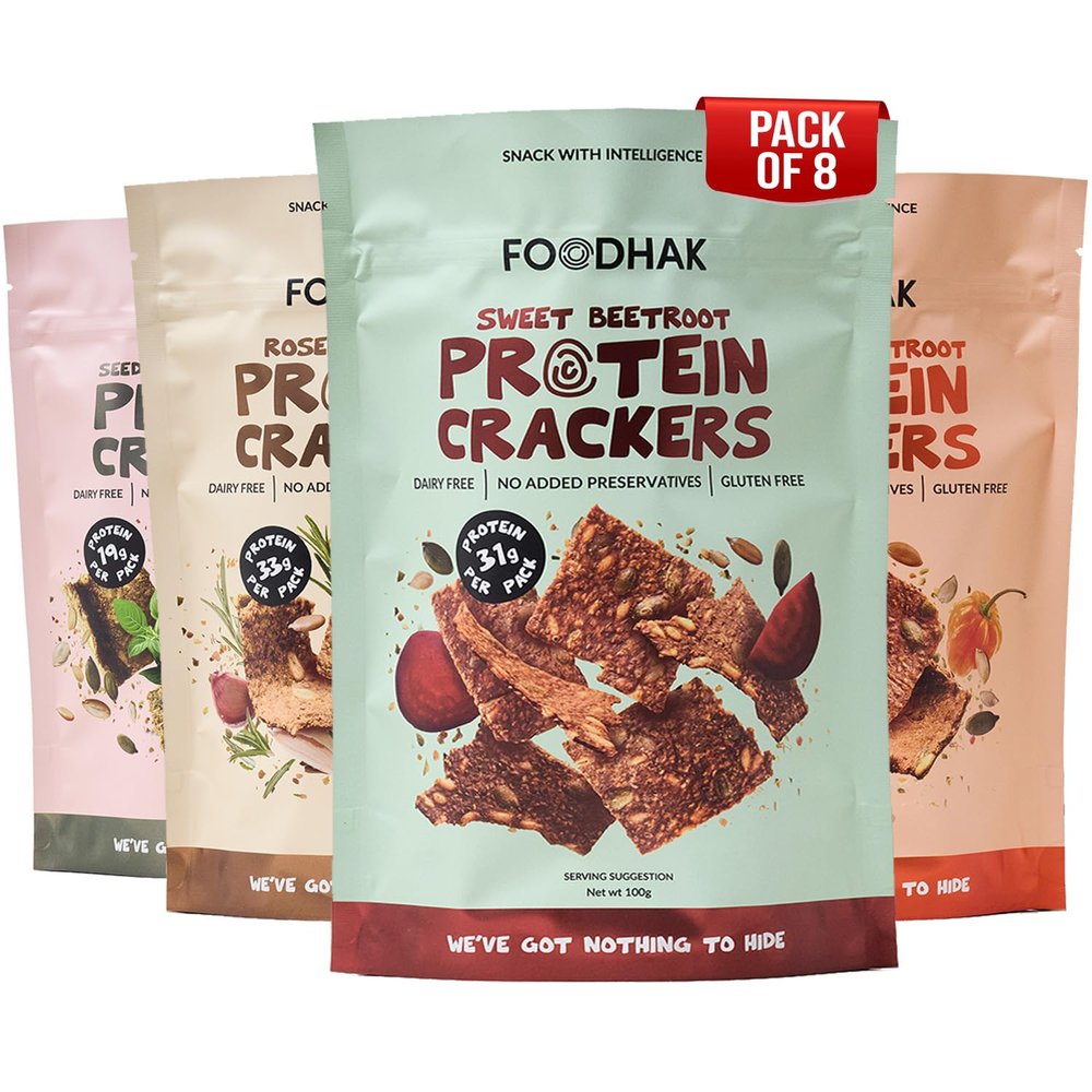 FOODHAK Crackers (Sweet & Sweet Chilli beetroot, Rosemary & Garlic, Seeded Omega & Millet) Variety pack, low carb crackers, low carb snack, high fibre & gluten free (8 x 100g Packs). no carbs no sugar
