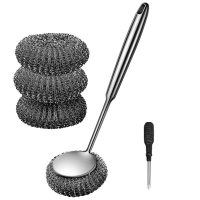 304 Stainless Steel Scrubber with Long Handle - Non-Scratch & Hollow Core Design (Dishwasher-Safe, Heavy-Duty for Pots/Pans) (B)