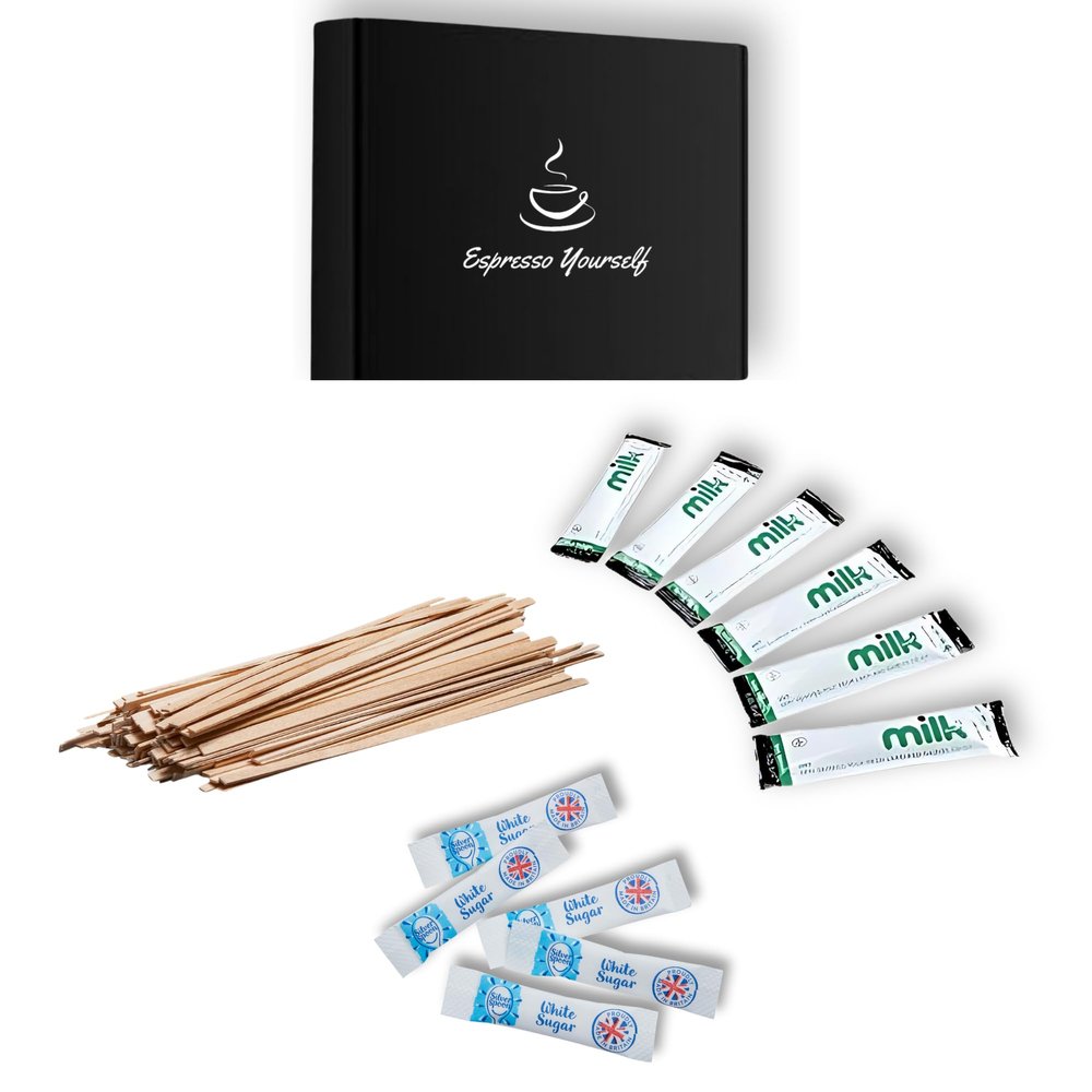 150 Piece Hot Drink Kit 50 Milk Sachets, 50 Sugar Sachets & 50 Wooden Coffee Stirrers Individually Wrapped for Tea, Coffee, Office, Travel, Catering, Hospitality