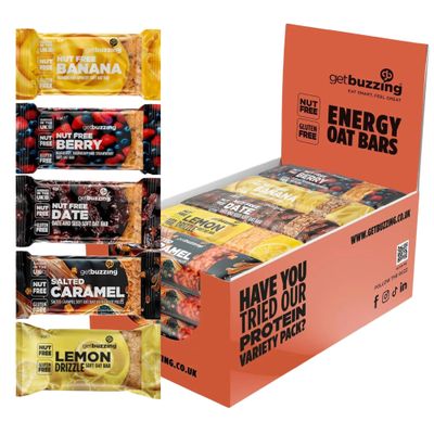 Getbuzzing Nut Free Oat Flapjack Bars with Nutrition Benefits Gluten Free Healthy Endurance Snack with Natural Ingredients, High Fibre & School Safe 20 x 62g Mixed Pack Multipack - Cycling, Gym