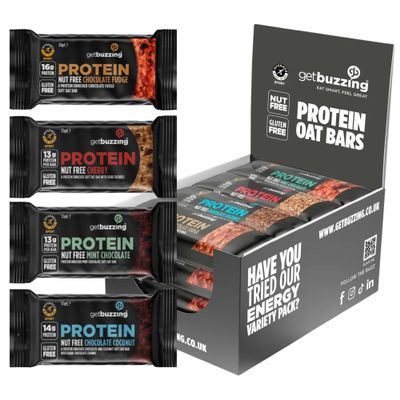 Getbuzzing Nut Free Oat Protein Flapjack Bars Gluten Free Healthy Snack with Natural Ingredients, High Fibre & School Safe 12 x 55g Pack [Mixed Multi Pack] - Supports Running, Cycling and Gym