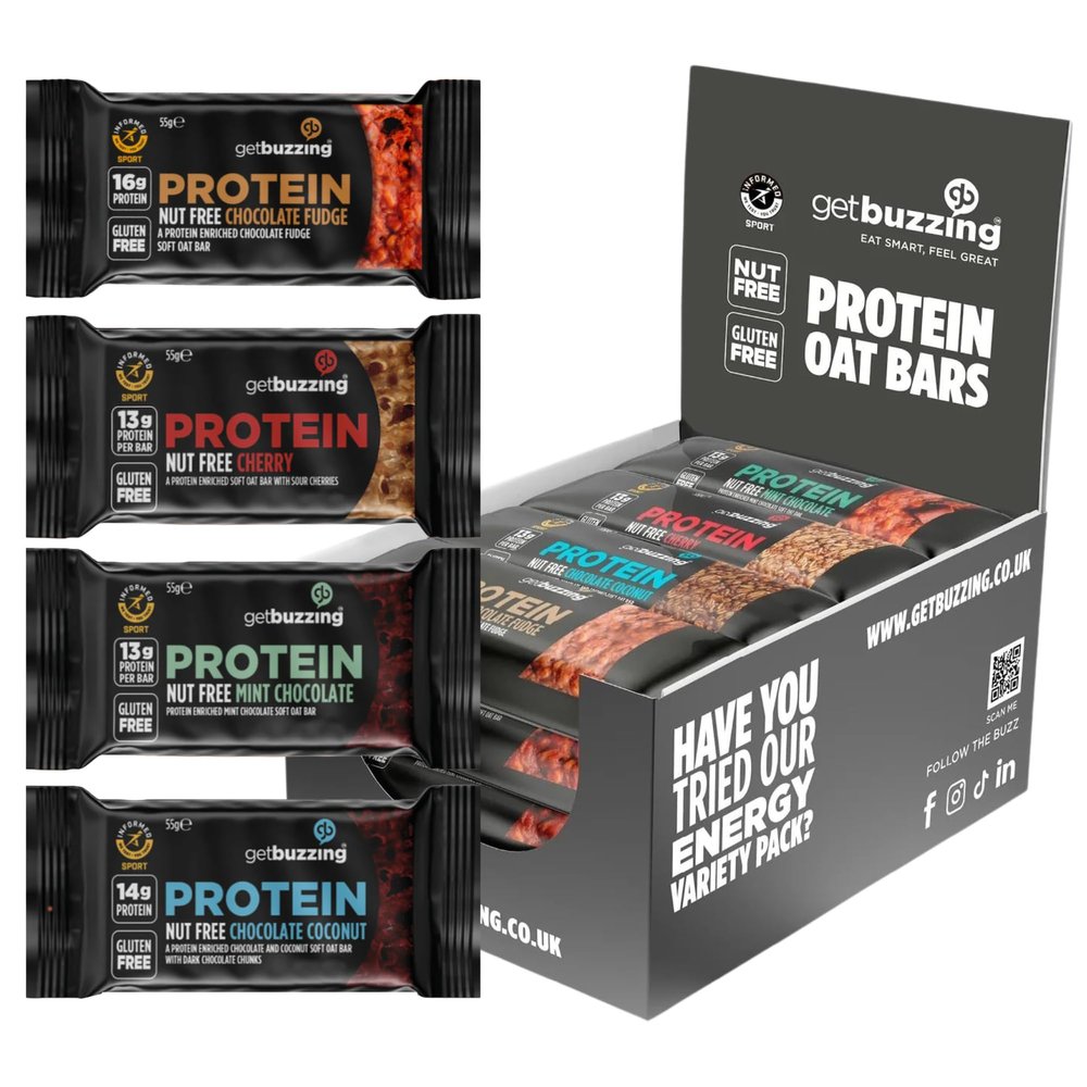 Getbuzzing Nut Free Oat Protein Flapjack Bars Gluten Free Healthy Snack with Natural Ingredients, High Fibre & School Safe 12 x 55g Pack [Mixed Multi Pack] - Supports Running, Cycling and Gym