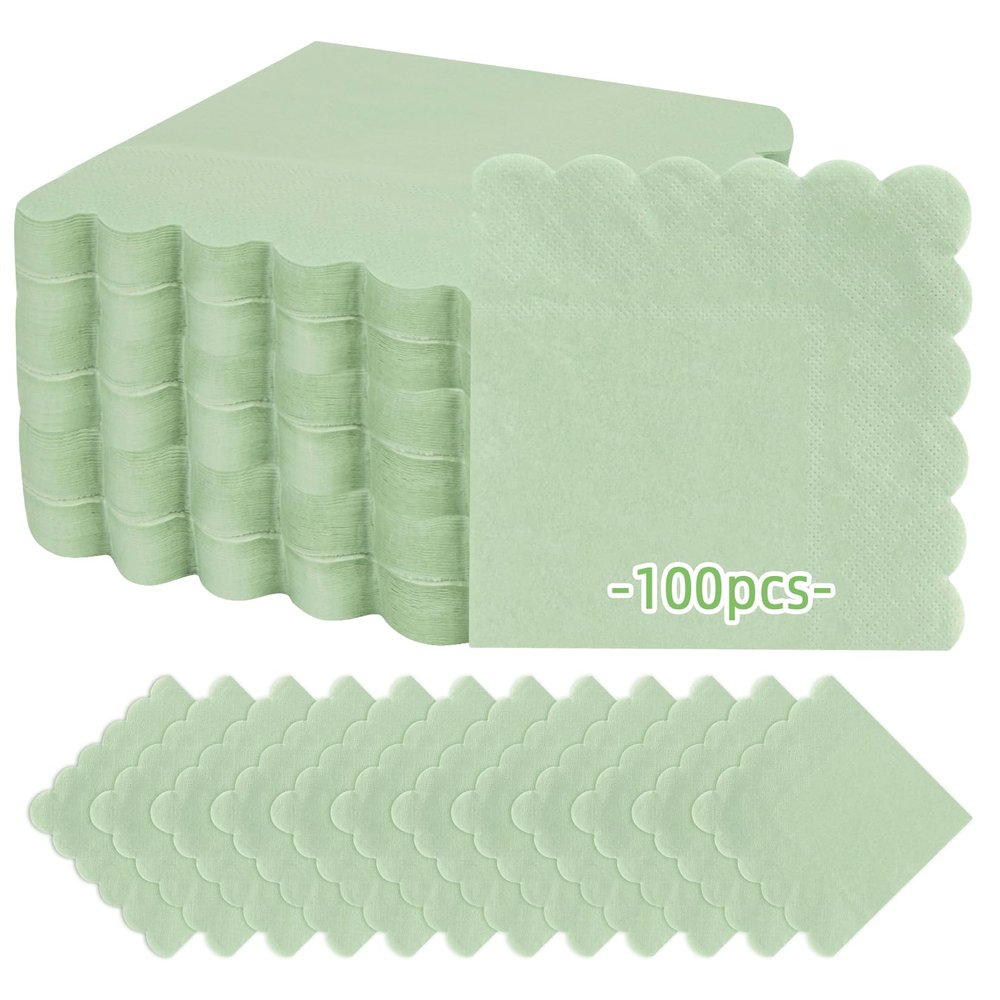 100 PCS RAINFLOW Cocktail Napkins - 2-Ply Sage Green Scalloped Napkins Disposable Decorative Bulk for Dinner Wedding Birthday Party Baby Shower Dessert Easter Folded 5 X 5 Inches