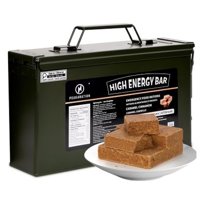 PEAK4RATION High Energy Bar | Long Shelf-Life Compressed Biscuits Caramel Cinnamon | 3kg (12x250g Metal Tin) | 13728 kcal Outdoor & Emergency Ration Bar | Hardtack Compact Survival Preparedness Food