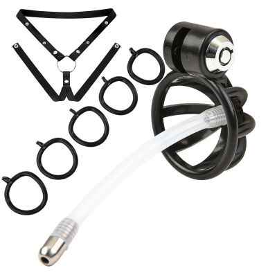 ABS Mesh Chastity Cage for Men, Adjustable Chastity Device Set with 5 Rings and 1 Chastity Belt and 1 Tube -A57UK (Black)