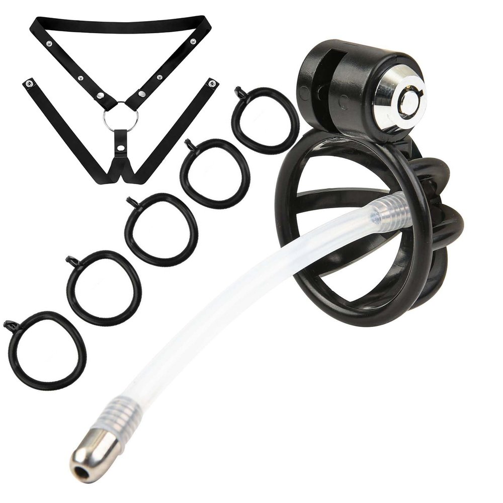 ABS Mesh Chastity Cage for Men, Adjustable Chastity Device Set with 5 Rings and 1 Chastity Belt and 1 Tube -A57UK (Black)