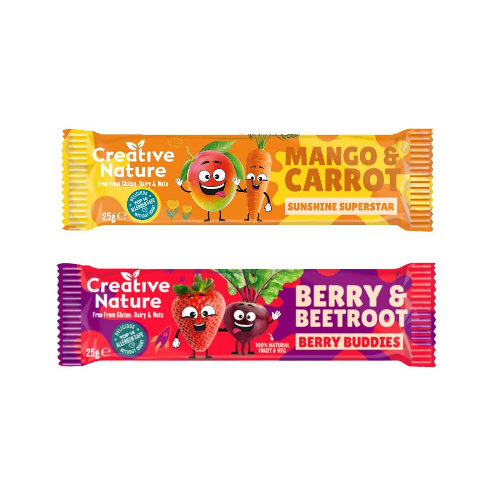 Creative Nature Snack Bars | Mixed - Berry & Beetroot and Mango & Carrot Flavour | Gluten Free | Oat and Fruit | Healthy Kids Snack Bar, Lunchbox Snacks | Top 14 Allergen Free |12 Bars x 25g