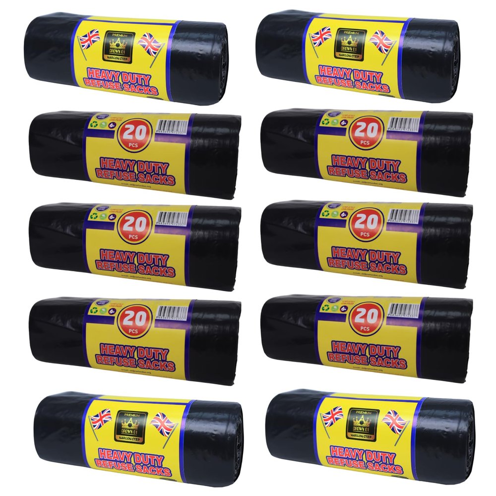 200 Heavy Duty Bin Bags 75L Extra Strong Black Refuse Sacks 10 Rolls of 20 Leak-Proof Liners for Home, Office, Garden Waste