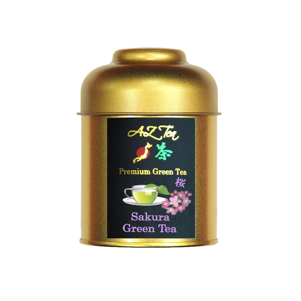 AZ Teas Sakura Green Tea - Loose Leaf - Gold Caddy - Pesticide Free - Made of the Finest/Premium Quality Tea Leaves from Japan with Natural Ingredients (Premium Green Tea)