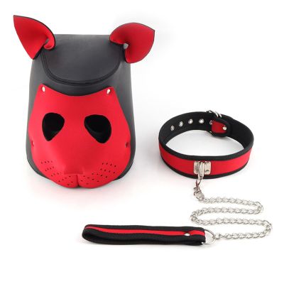 3 Colours Adult Role Play Elastic Fox Head Mask + Traction Chain 2 Piece Set-UKRB05 (Red)