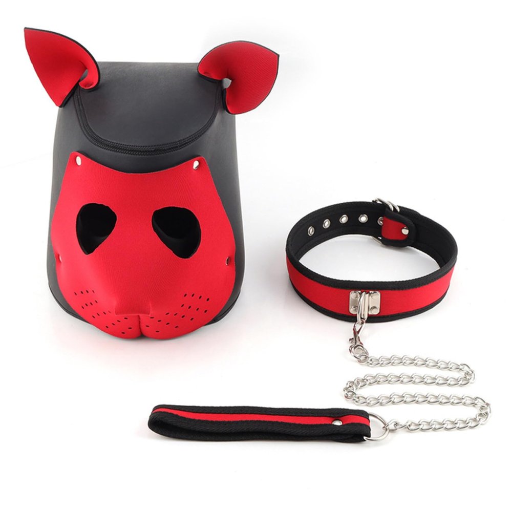 3 Colours Adult Role Play Elastic Fox Head Mask + Traction Chain 2 Piece Set-UKRB05 (Red)