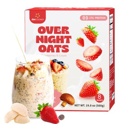 DIET COOKER Mushroom Overnight Oats, 27g of Protein & Strawberry Flavor, High Protein High Fiber Gluten-Free Protein Oatmeal Shake with Chia Seeds, Lion's Mane Mushroom, Strawberry - Oatmeal Cream